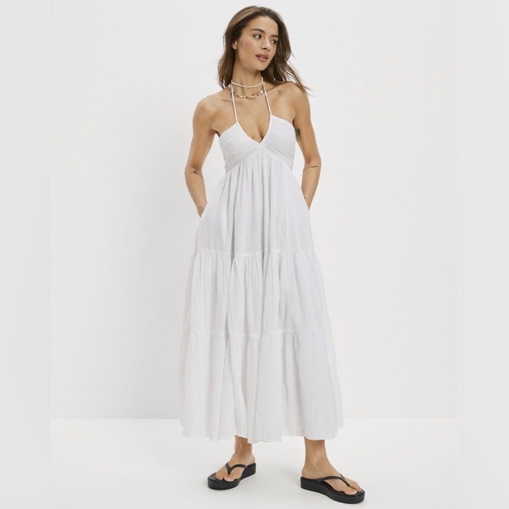 White Halter Maxi Dress with Tiered Skirt